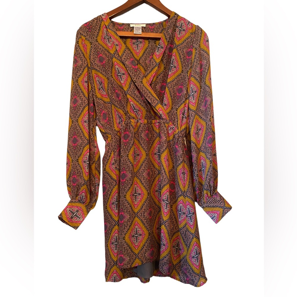Esley Patterned Faux Wrap Crossover Long Sleeved Dress